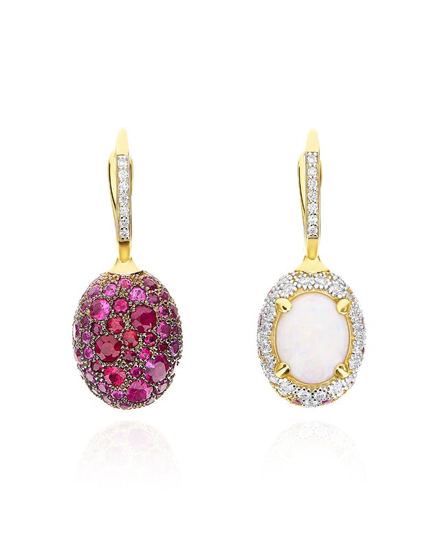 "Reverse" Ciliegine Gold Pink Sapphires Rubies White Australian Opal and Diamonds Double-face Ball Drop Earrings (MEDIUM)